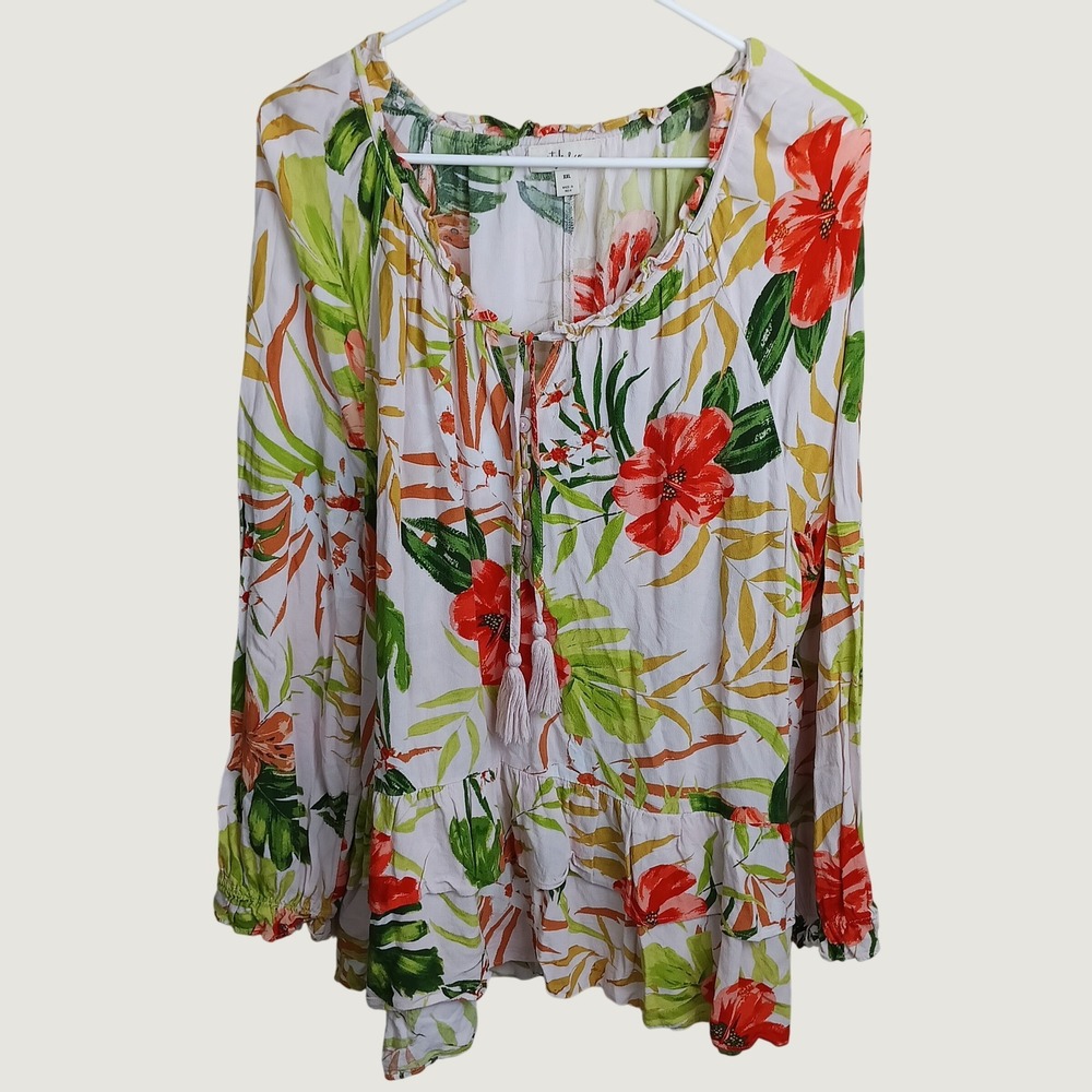 Style & Co Peasant Blouse Womens XXL White Floral Excellent Boho Tassel Tiered